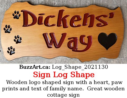 Wooden logo shaped sign with a heart, paw prints and text of family name.  Great wooden cottage sign